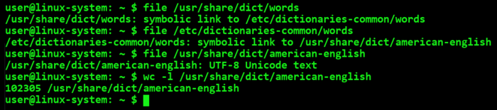 Example of the linking of the dictionary file words under an Ubuntu derivative.
