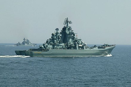 The nuclear-powered missile cruiser Peter the Great during a naval exercise