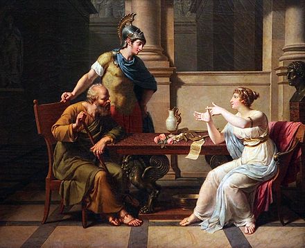 The Debate of Socrates and Aspasia by Nicolas-André Monsiau. Socrates's discussions were not limited to a small elite group; he engaged in dialogues with foreigners and with people from all social classes and of all genders.[77]