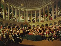 The Irish House of Commons where Grattan and the Irish Patriots sat in the late 18th century. The Irish House of Commons in 1780 by Francis Wheatley.jpg