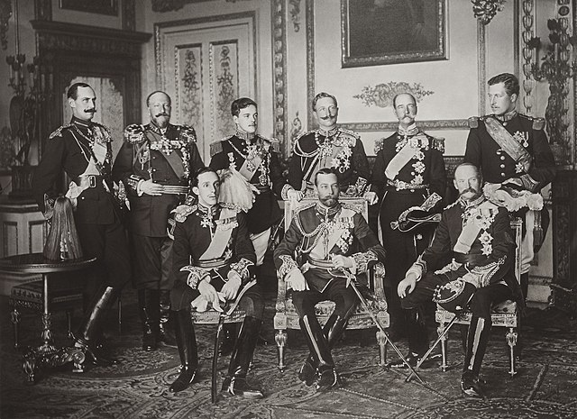 The Nine Sovereigns at Windsor for the funeral of King Edward VII, photographed on 20 May 1910. Standing, from left to right: King Haakon VII of Norwa