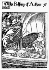 Howard Pyle's illustration from The Story of the Grail and the Passing of King Arthur (1909) And Sir Bedivere stood upon the shore and looked upon the face of King Arthur as it lay within the lap of Queen Morgana, and he beheld that the face of King Arthur was white like to the ashes of wood, wherefore he wist that he was dead.[93]