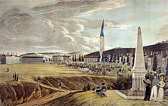 Paul held that a burglary at West Point (depicted circa 1828) could only be punished under the Assimilative Crimes Act pursuant to state statutes in force at the time of the Act's passage. The Plain at West Point in 1828.jpg