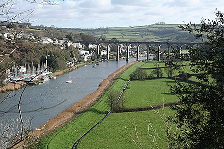 The Tamar Valley Line railway  crosses the Tamar on a viaduct, built in 1907, at Calstock.