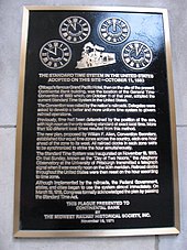 Plaque commemorating the Railway General Time Convention of 1883 in North America Time zone chicago.jpg