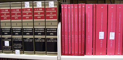 Several volumes of the U.S.C.C.A.N. The red volumes on the right are the monthly pamphlets and the bound volumes on the left are some of the yearly compilations for the 102nd Congress. USCCAN.JPG
