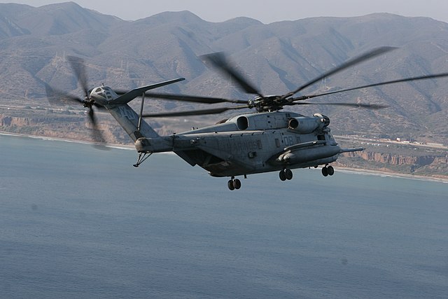 A CH-53E Super Stallion from HMH-361 flying off the coast of Camp Pendleton, California.