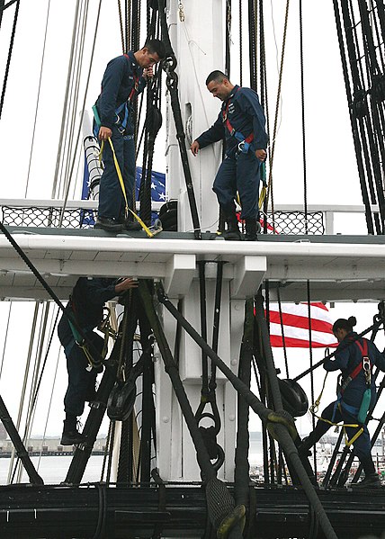 File:US Navy 060829-N-5322S-004 USS Constitution's mizzen mast crew stands on the fighting top as safety observers, while chief petty officer selectees climb the shrouds during up-and-over exercises in the second week of CPO leaders.jpg