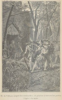 Possible representation of Francois Coulon de Villiers attacking Fort Granville. Un poste anglais attaque par les Francais vers 1754 - 1756.jpg