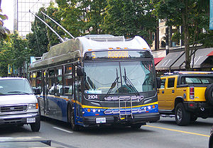 One of the newer trolley buses introduced in 2006 Vancouver trolley2101 050720.jpg