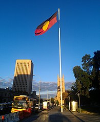 The Aboriginal flag flying in Victoria Square/Tarntanyangga, Adelaide, near where the flag was first flown, 2013