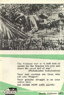 The Vietnam war is "a hell hole of racism for the Negroes GIs over and above the usual hell of war," a quote from The Philadelphia Independent on an anti-war poster Vietnamese Demoralization Leaflet against US racism back.jpeg