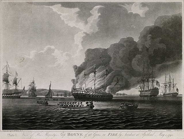 Arethusa (here on the far right at Spithead) witnessed the destruction of Boyne by an accidental fire, 1 May 1795