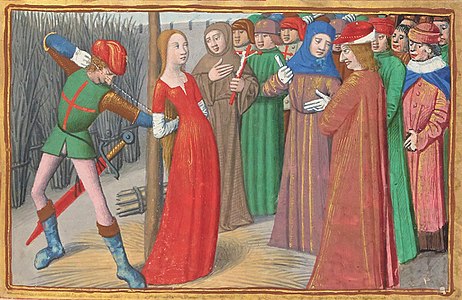 Jeanne d'Arc au bûcher de manière erronée, vers 1484 Enluminure du manuscrit de Martial d'Auvergne (Les Vigiles de Charles VII)