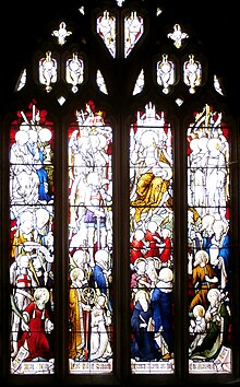 West window of Chittlehampton Church, made by Hardman, donated in 1893 by Mary Mabel Chambers Hodgetts in memory of her father William Thomas Hodgetts Hodgetts (d.1867) of Hudscott WestWindow ChittlehamptonChurch Devon.JPG