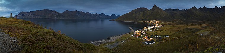 Wide shot to Mefjordvær in evening, Senja, Troms, Norway, 2015 September