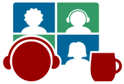 Das Bild zeigt das Logo des Digitalen Themenstammtischs. Der in grün und blau gehaltene Bildschirm zeigt mehrere Personen, die an einem virtuellen Treffen teilnehmen, sowie eine Person in rot, die mit einem Kopfhöhrer vor dem Bildschirm sitzt. Neben dem Bildschirm steht eine Kaffeetasse