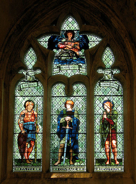 A Morris & Co. stained-glass window to a design by Edward Burne-Jones installed in Malmesbury Abbey. The window shows characteristic themes based on A