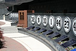 Row of blue numbers with a plaque splitting the row up