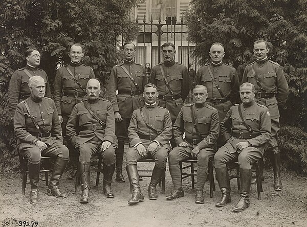 Major General Charles Pelot Summerall, sat in the middle, along with members of his staff and senior commanders in his V Corps, pictured here in 1918 