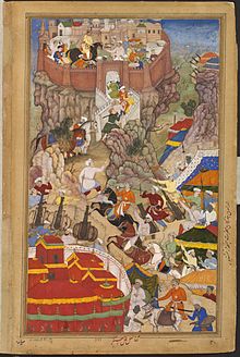 Akbar's entry into the fort of Ranthambore, 1569, Akbarnama 1569-Akbar's entry into the fort of Ranthambhor.jpg