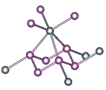 Close up on the structure of SnP3, highlighting the bonding around P (violet) and Sn (gray). 16293-ICSDzoom.png