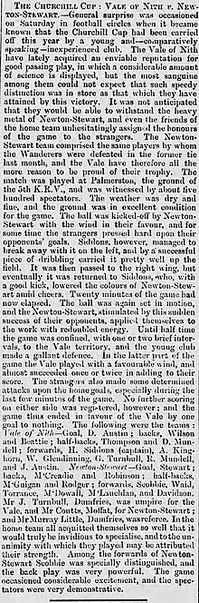 The Vale's finest moment - winning the 1882-83 Churchill Cup 1882-83 Churchill Cup Final, Vale o' Nith 1-0 Newton Stewart, Dumfries and Galloway Standard and Advertiser, 28 March 1883.jpg