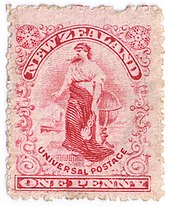 Stamp marking Universal postage, 1901, featuring Zealandia 1901 Universal Postage 1 penny red.JPG