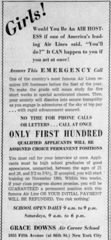 1954 advertisement for Grace Downs Air Career School, which Banks Edmiston would attend two years later. 1954 Grace Downs Air Career School advertisement in The Reporter Dispatch (cropped).png