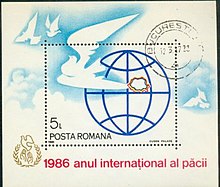 1986 stamp issued by Romania marking the International Year of Peace 1986 Anul International al Pacii.jpg