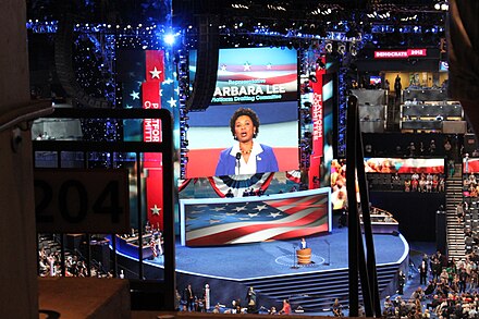 Barbara Lee speaks at the convention