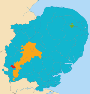 Map showing highest polling party by counting area in the East of England electoral region. 2019 European Parliament election in the United Kingdom area results (East of England).svg