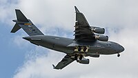 A US Air Force C-17 Globemaster III, tail 00-0171, on final approach to Kadena Air Base in Okinawa, Japan. It is assigned to the 176th Wing of the Alaska Air National Guard, and is originally from Joint Base Elmendorf–Richardson in Anchorage, Alaska.