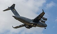 A US Air Force C-17 Globemaster III, tail 00-0171, on final approach to Kadena Air Base in Okinawa, Japan. It is assigned to the 176th Wing of the Alaska Air National Guard, and is originally from Joint Base Elmendorf–Richardson in Anchorage, Alaska.