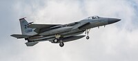 A US Air Force F-15C Eagle, tail number 80-0012, on final approach at Kadena Air Base in Okinawa, Japan