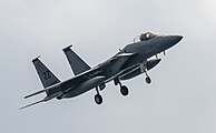 A US Air Force F-15C Eagle, tail number 85-0097, on final approach at Kadena Air Base in Okinawa, Japan. It is assigned to the 44th Fighter Squadron at Kadena AB.