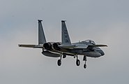 A US Air Force F-15C Eagle, tail number 85-0114, on final approach at Kadena Air Base in Okinawa, Japan.