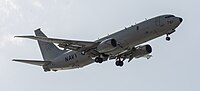 A Boeing P-8 Poseidon, tail number 168761, on final approach at Kadena Air Base in Okinawa, Japan. It is assigned to Patrol Squadron 45 (VP-45) at NAS Jacksonville, Florida, United States.