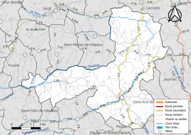 Carte en couleur présentant le réseau hydrographique de la commune