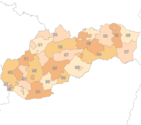 2-digit postcode areas Slovakia (defined through the first two postcode digits)