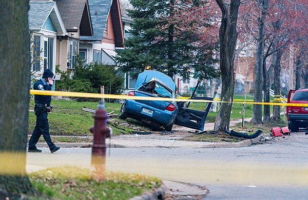 The aftermath of a fatal collision between a suspect and another vehicle following a pursuit in Minneapolis, Minnesota in 2019