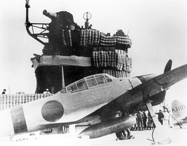 An Imperial Japanese Navy Mitsubishi A6M Zero fighter on the aircraft carrier Akagi