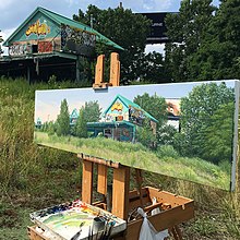 Valeri Larko. Abandoned Bronx Golf Center II, oil on linen, 15" x 58", 2016. Abandoned Bronx Golf Center II, oil on linen, 15" x 58", on site by Valeri Larko 2016.jpg