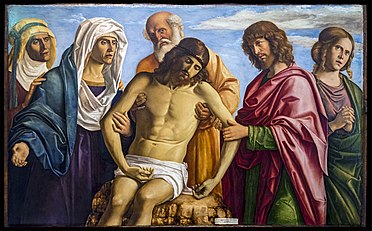 Nicodemus with Christ's body, by Cima da Conegliano, with Apostle John on the right and Mary to left.