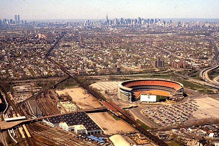 Shea Stadium and vicinity, with the Manhattan skyline in the distance, 1981