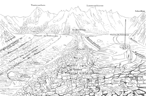 Figure 14a : Glacier de l’Aar, partie supérieure avec la cabane de monsieur Hugi (dessin au trait)