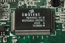 Ambient MD4450C IC on a modem board. Earlier versions (CL-MD4450C) used the Cirrus Logic branding. Ambient MD4450C-SC-B modem chip.jpg