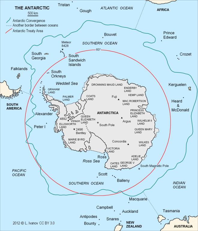 The Antarctic region with the Antarctic Convergence and the 60th parallel south