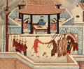 Painting depicts the trial and execution of three Catholics in Ninh Bình. the offenders were forced to step on the holy cross.