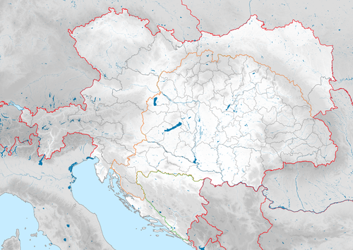 Mapa konturowa Austrii, w centrum znajduje się punkt z opisem „Ferencváros”, natomiast blisko centrum u góry znajduje się punkt z opisem „Wiener AC, Vienna CFC, First Vienna FC, Wiener SC, Wiener SV”